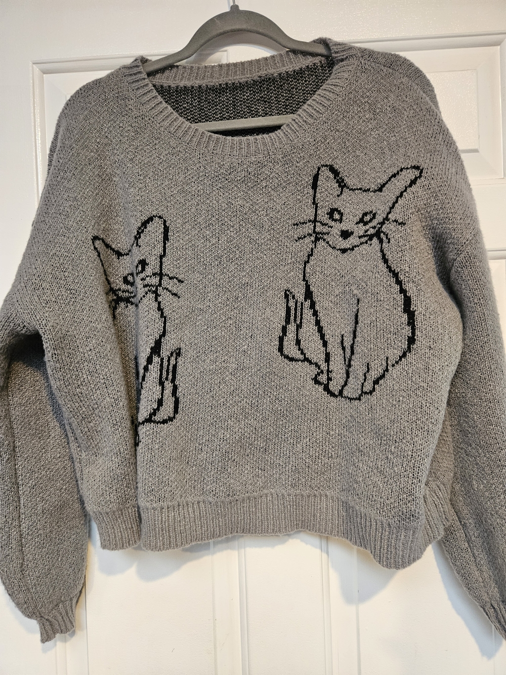 Grey Knit Sweater with Black Cat Motif Size XL